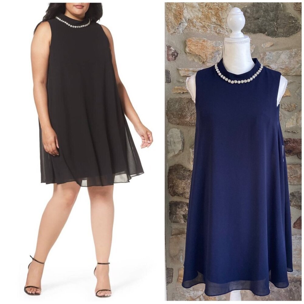 🌟 NWT‎ Eliza J Navy Blue Embellished Chiffon Shift Dress Women’s 12